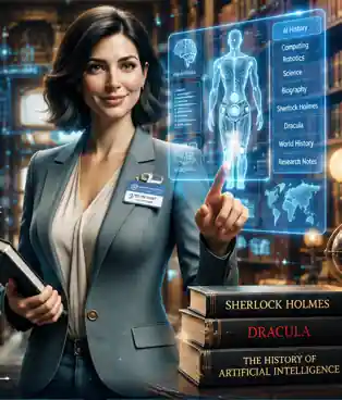 Illustrated concept portrait of Evelyn Hart in a library, surrounded by projected technology-history references and books