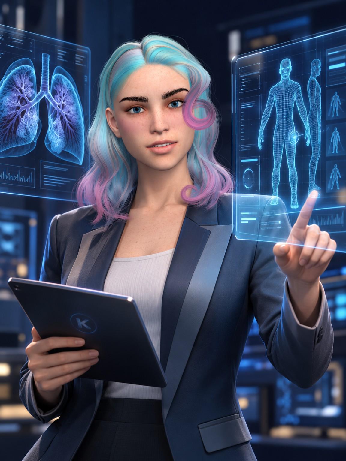 Illustrative Evelyn Hart portrait closely based on her actual 3D head, featuring pastel hair and holographic medical research panels; concept, not a working app screenshot