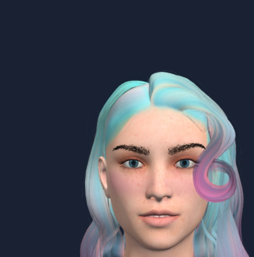 Actual Evelyn compatibility-render front view: visible eyes and face, light cyan and pink hair
