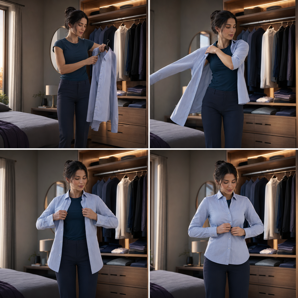 Four-panel concept showing a button-up shirt taken from a hanger, one arm entering a sleeve, the shirt aligned, and buttons closed sequentially