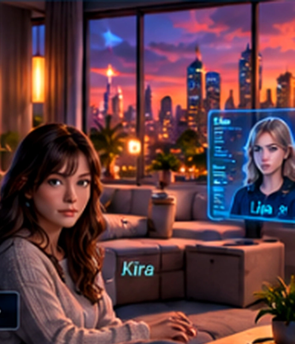 Kira World concept scene with Kira seated and Lisa on screen