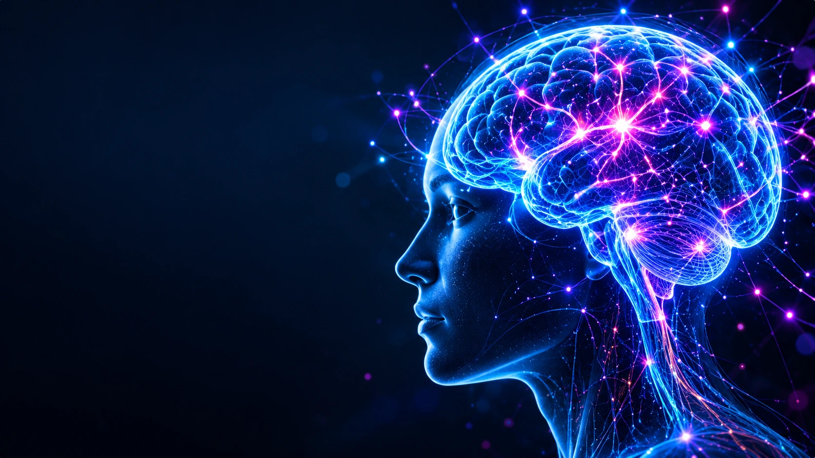 Cinematic concept illustration of an illuminated neural network and humanlike profile, not a runtime image or proof of intelligence