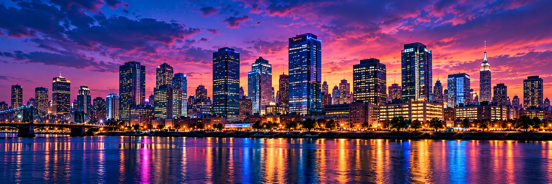 Cinematic nighttime New York area skyline and river, an illustrative image