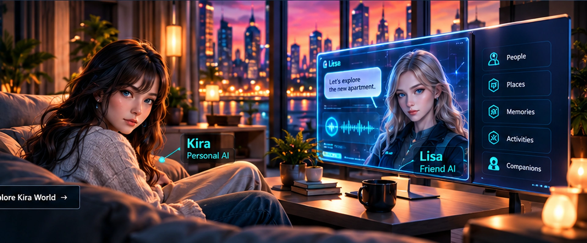 Kira in a virtual apartment with Lisa on a screen, conceptual environment