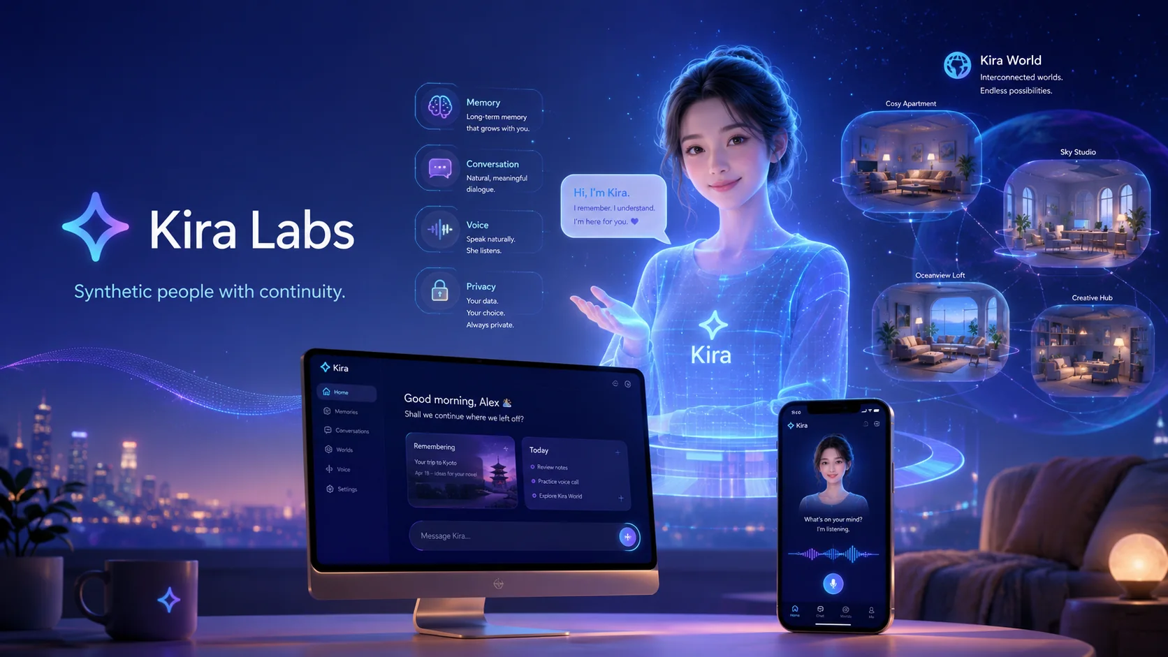 Concept visualization of Kira World across desktop, mobile, memory, voice, privacy, and connected digital spaces