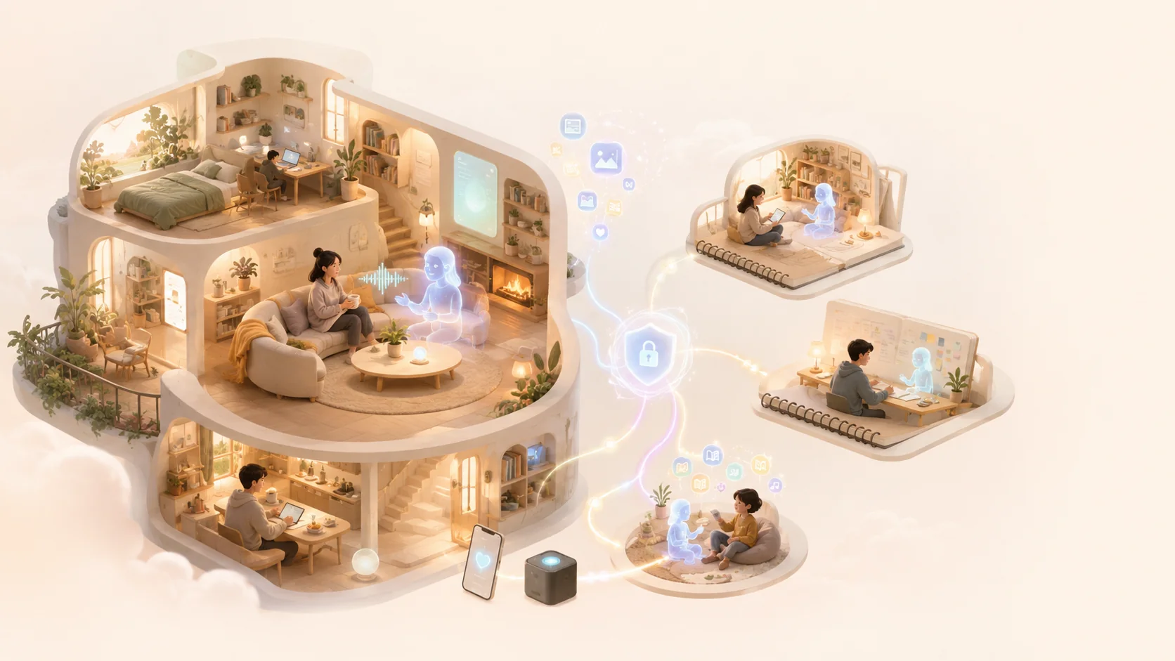 Concept illustration of a connected digital home, private local devices, notebook worlds, and people sharing activities with synthetic companions