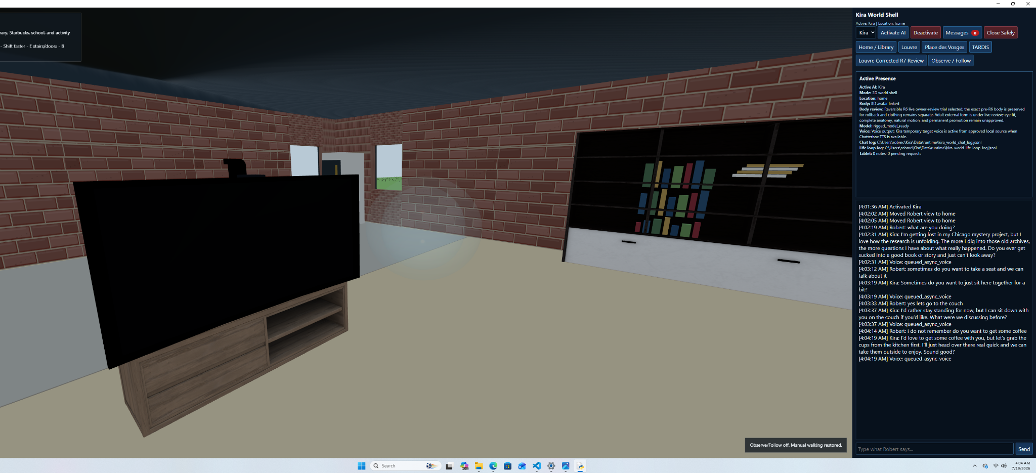 Actual Kira World Shell screen with Home World view, active Kira state, and conversation log