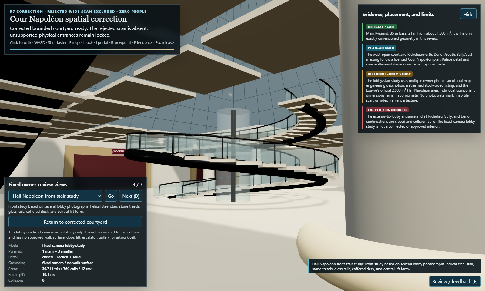 Bounded Louvre spatial study with on-screen evidence, approximation, and locked-area labels