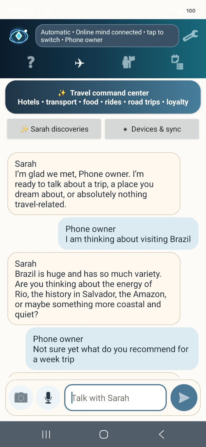 Actual Sarah Travel Android debug screen showing online mind status, travel command center, and a conversation about visiting Brazil