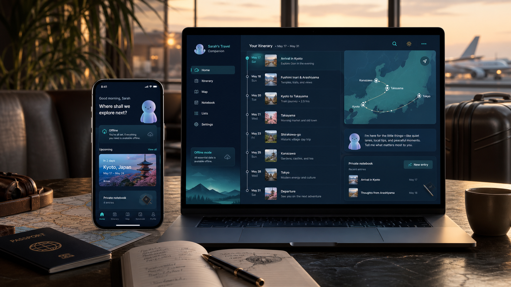 Concept visualization of Sarah Travel across a phone and laptop, with itinerary, route, offline mode, and private notebook